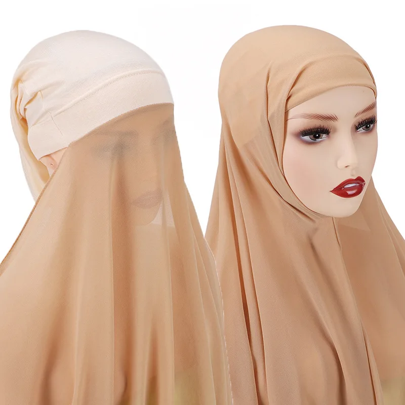 2 In 1 Chiffon Hijab Scarf With Jersey Inner Cap All In One Suit For Muslim Women Convinient Headscarf 25 New Colors