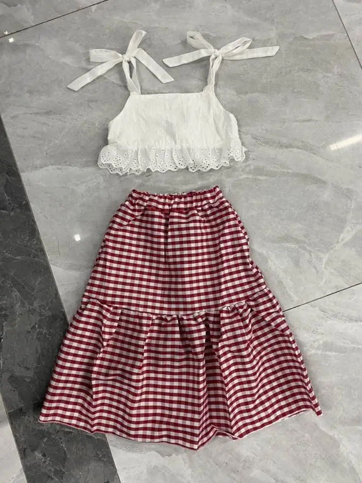 

Emmababy Toddler Baby Girl Clothes Bandage Sleeve Lace Sling Crop Tops Plaid Print Long Skirt 2Pcs Outfits Little Girl's Clothes