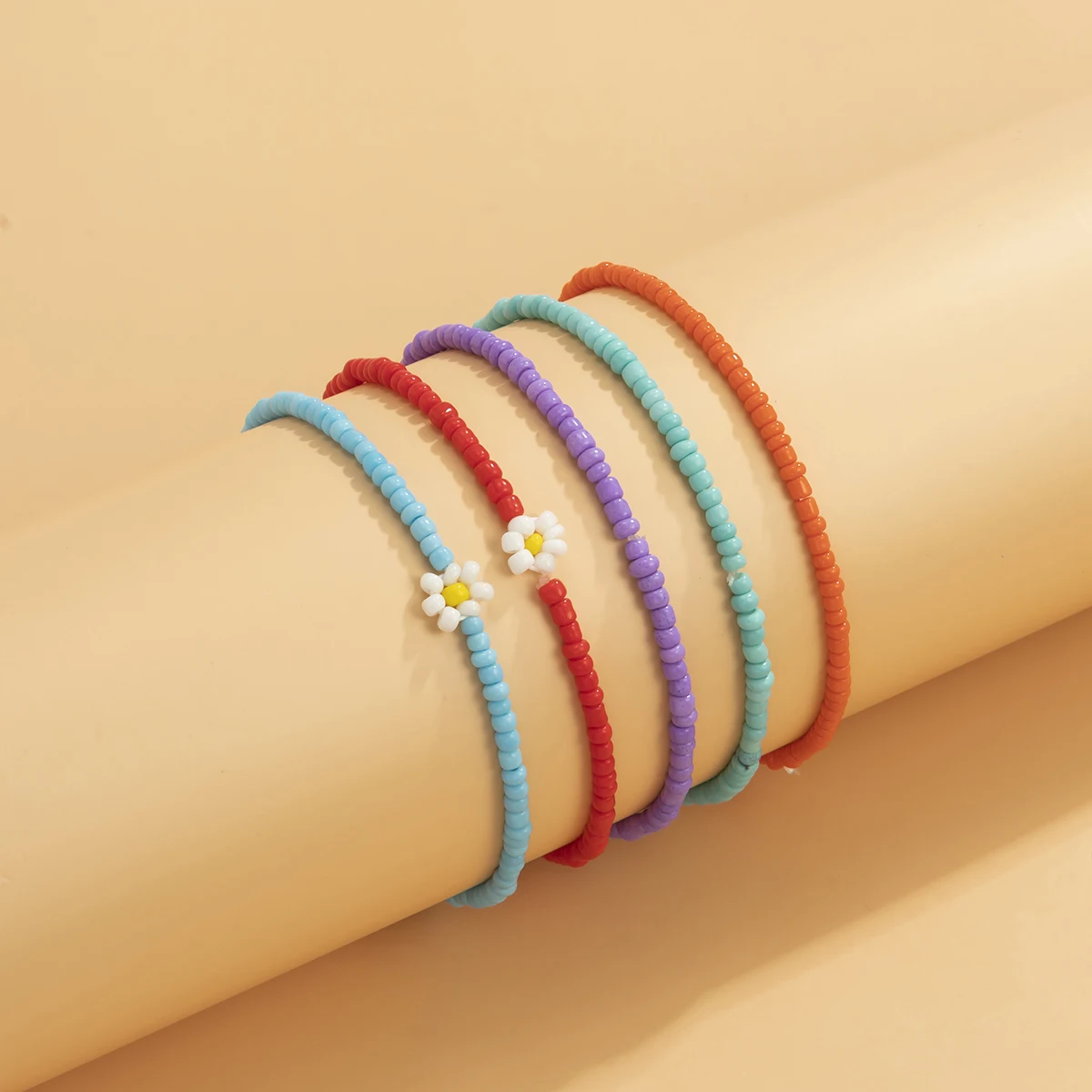 

Boho Small Rainbow Beads Flower Bracelets For Women Charms Layered Beaded Chains Bracelets Set Fashion Girls Hand Chains Jewelry