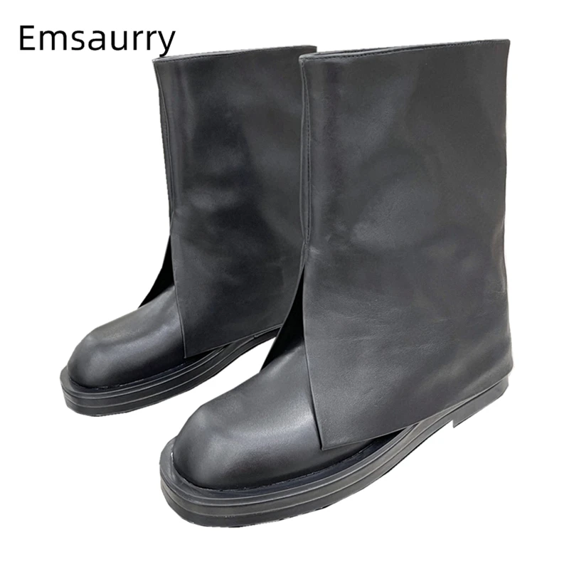 

Genuine Leather Mid-calf Boots Women Round Toe Turn-up Increasing Thick Heel Autumn Winter Modern Booties For Girls