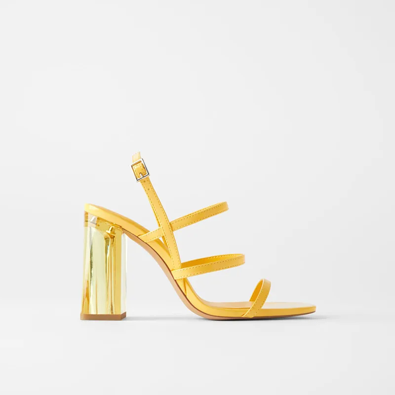 

ZAR 2021 Summer New PVC One Word With Fashion Square Toe Thick High Heels Sexy Crystal Muller Sandals And Slippers Women Luxury