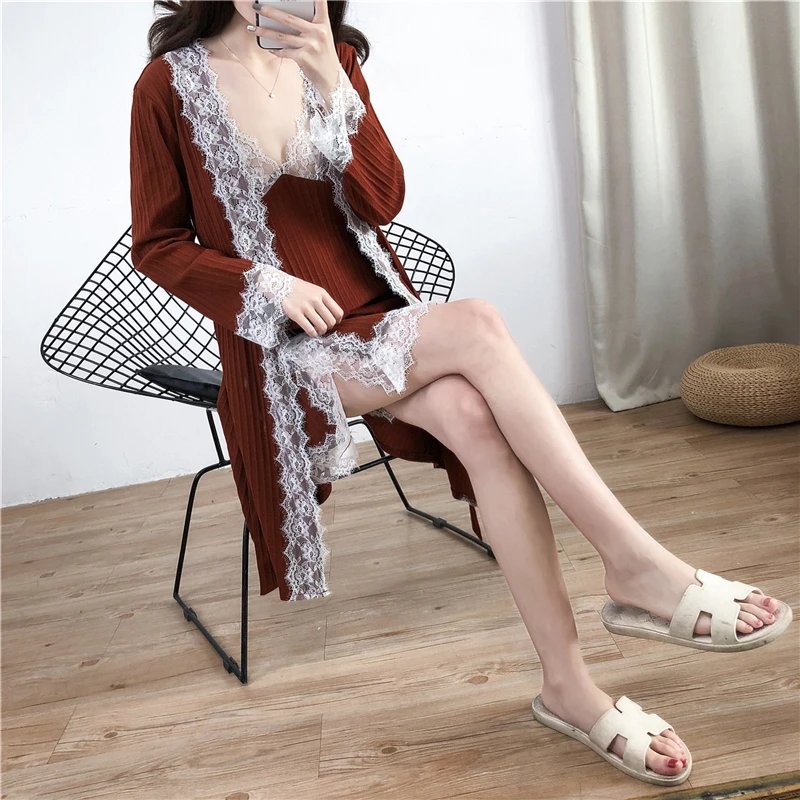 Женский домашний банный халат с кружевами в Корейском стиле на подтяжках