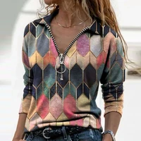 2021autumn limited fashionsleeve v neck geometric print blouse vinrage loose shirt casual pullover ladies tops oversized xs 5xl