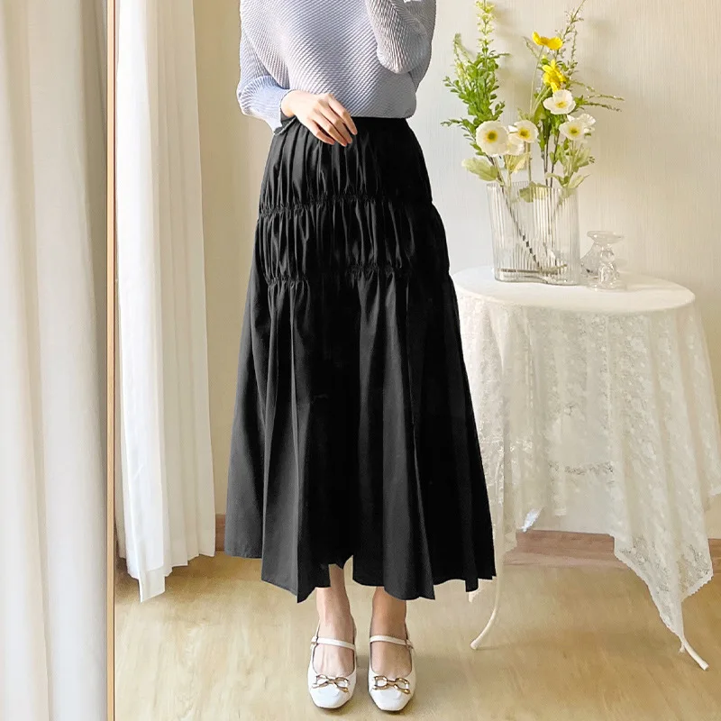 Miyake designer ladies simple pleated skirt mid-length design niche sense of pit stripe umbrella skirt long skirt skirt