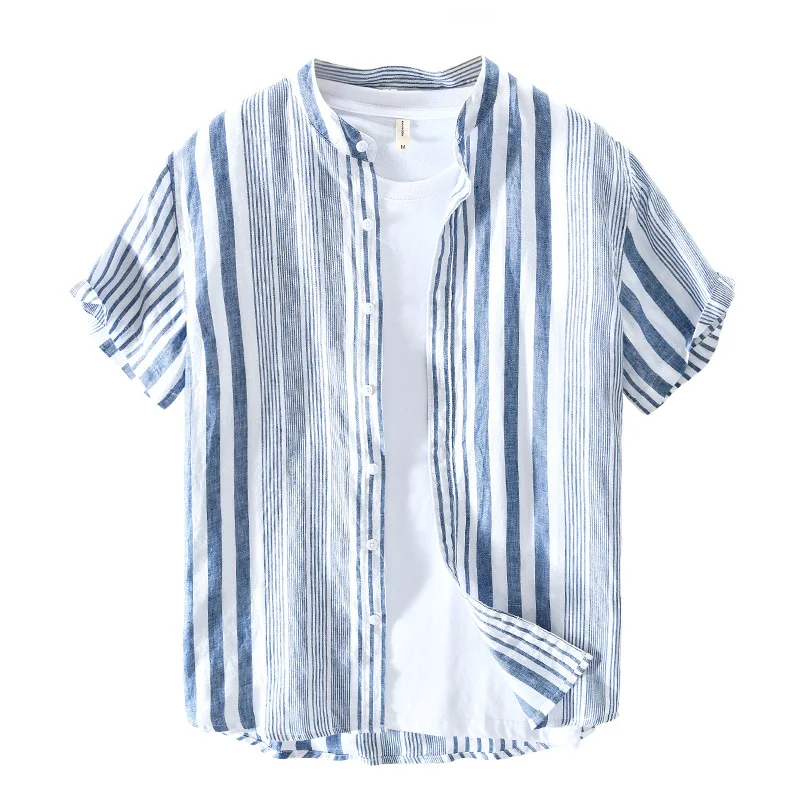 

2021 Men's New Pure Linen Casual Striped Short-Sleeved Shirt Teenagers Breathable Comfortable Summer Shirt