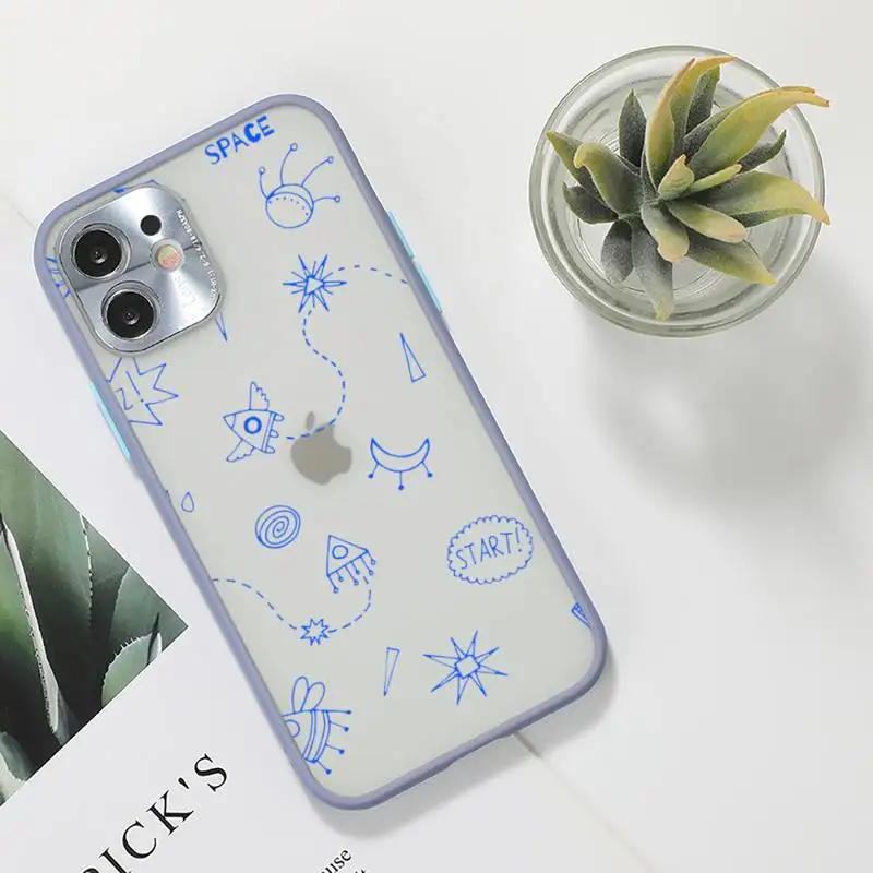 

Cute Space Planet Stars Phone Case For iPhone 12 11 Mini Pro XR XS Max 7 8 Plus X Matte transparent Gray Back Cover