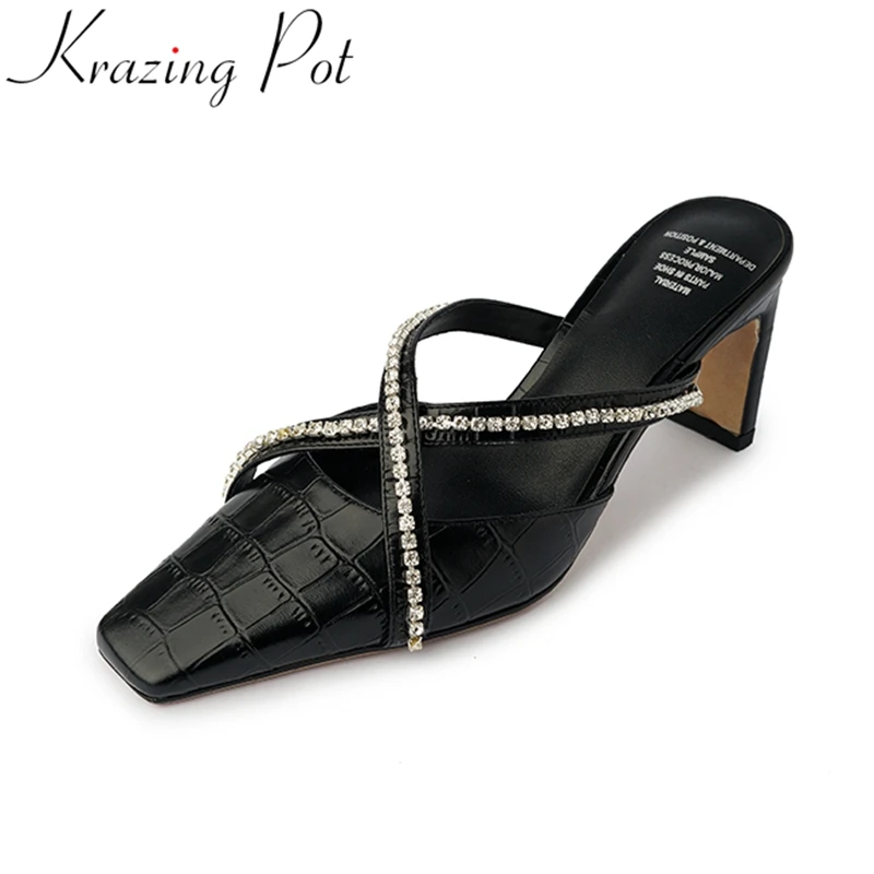 

Мюли Krazing Po женские с квадратным носком, модные летние туфли из воловьей кожи, на высоком каблуке, без застежки, Хрустальные Босоножки, пикан...