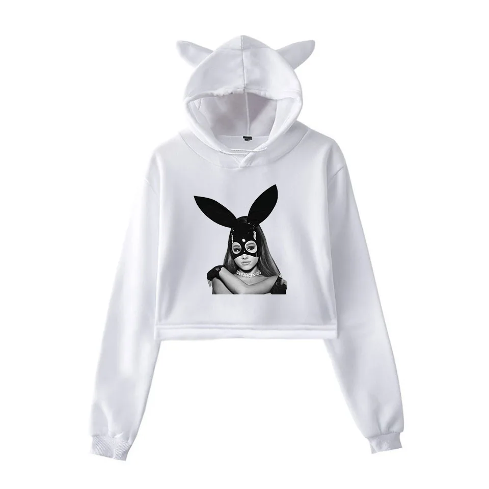 Cotton Pink Hoodie Crop Sweatshirts Cat Ear Hat High Waist Woman Pattern Printing Womens Clothing Streetwear 2019 | Женская одежда