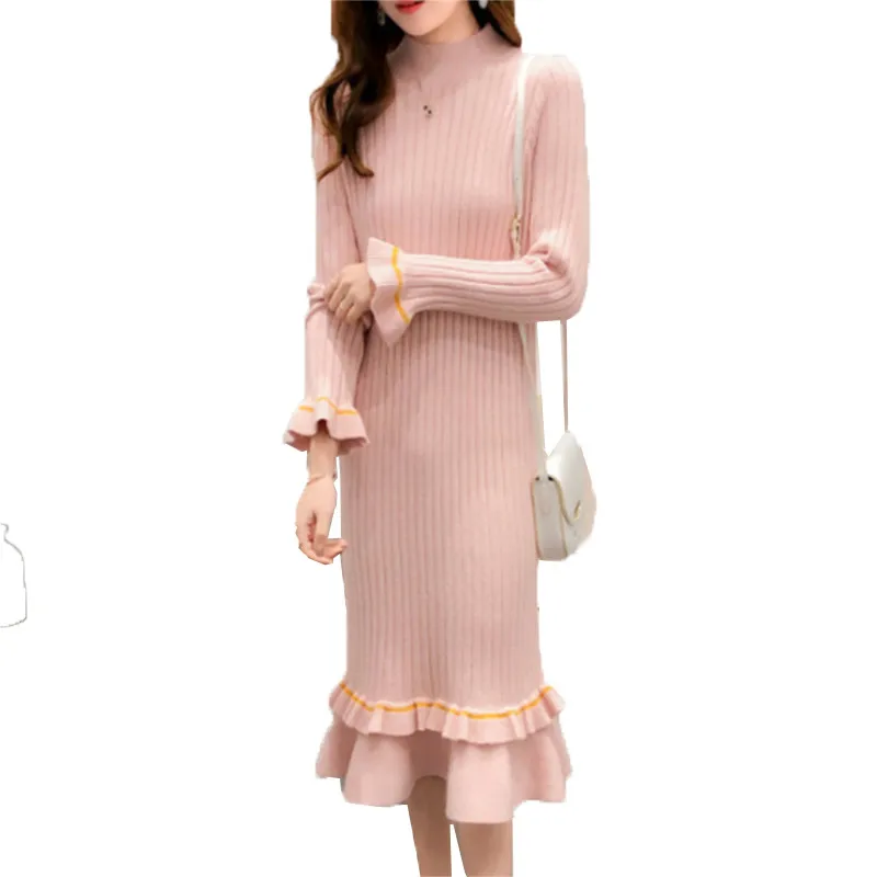 

Осенне-зимнее платье-свитер с высоким воротником, женское свободное вязаное платье-свитер с длинным рукавом, женское платье-пуловер средней длины, Топ