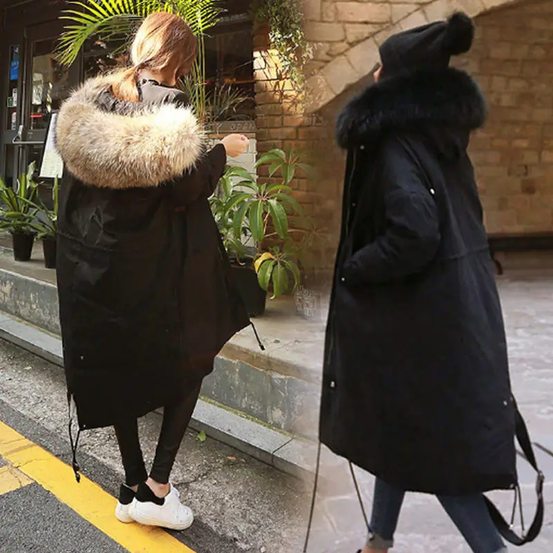 Черная зимняя куртка Женское пальто с меховым капюшоном и воротником длинная