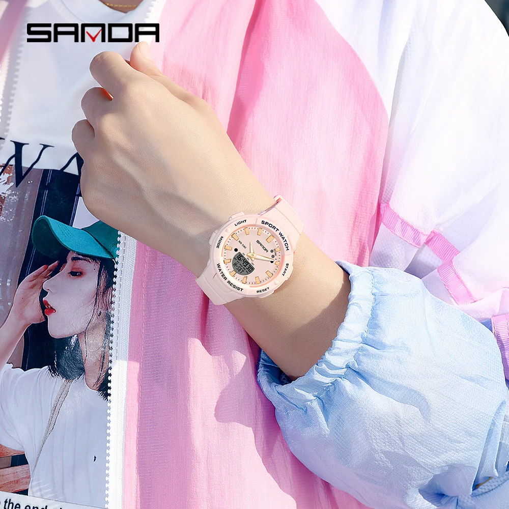 Часы SANDA женские кварцевые спортивные в стиле милитари водонепроницаемость 5ATM