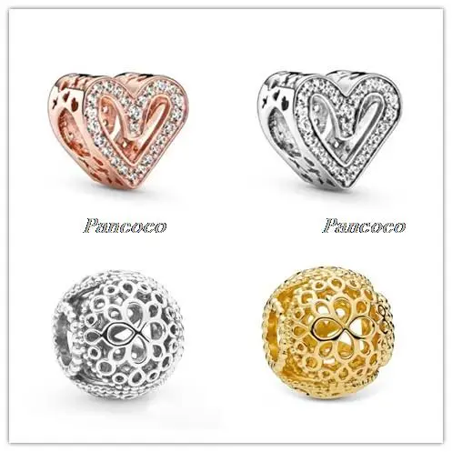

925 Sterling Silver Charm Openwork Rose Sparkling Freehand Heart With Crystal Bead Fit Women Pandora Bracelet & Necklace Jewelry