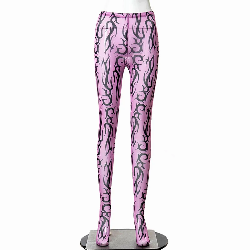 

Oluolin Sexy Mesh Leggings Women Print High Waist Punk Rave Pants Bodycon Purple Slim Trousers Gothic Club Wear High Street
