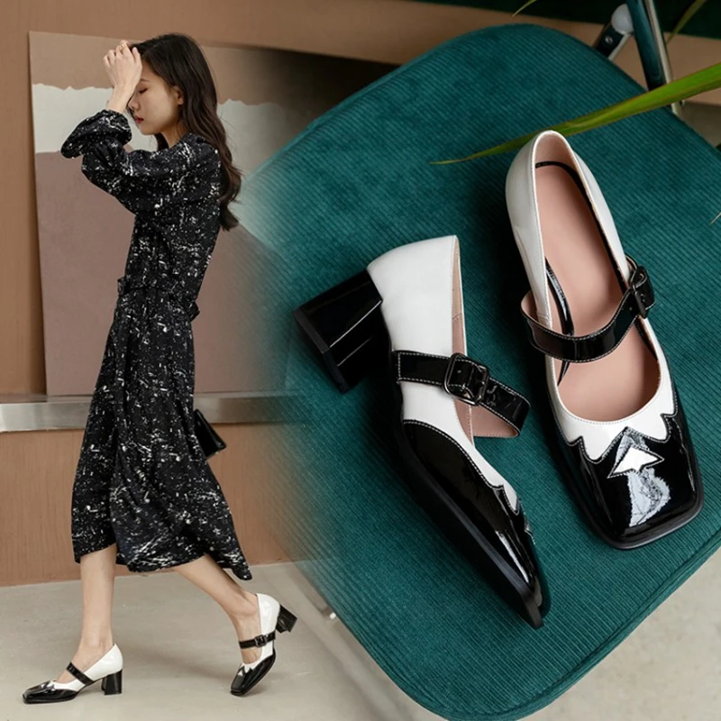 

2021 Spring/Autumn Shoes Women Square Toe Chunky Heel Leather Women Mary Janes Mixed Colors High Heel Casual Sweet Girls Pumps