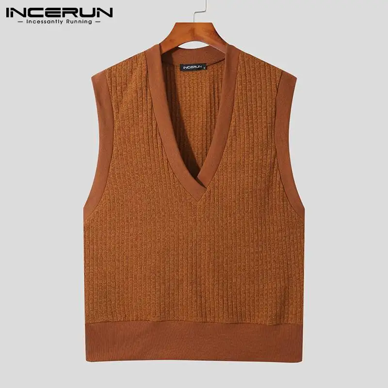 

INCERUN New Men Solid All-match Sleeveless Deep V-Neck Vests Autumn Winter Male Fashionable Casuaul Knitted Tank Tops 2021 S-5XL