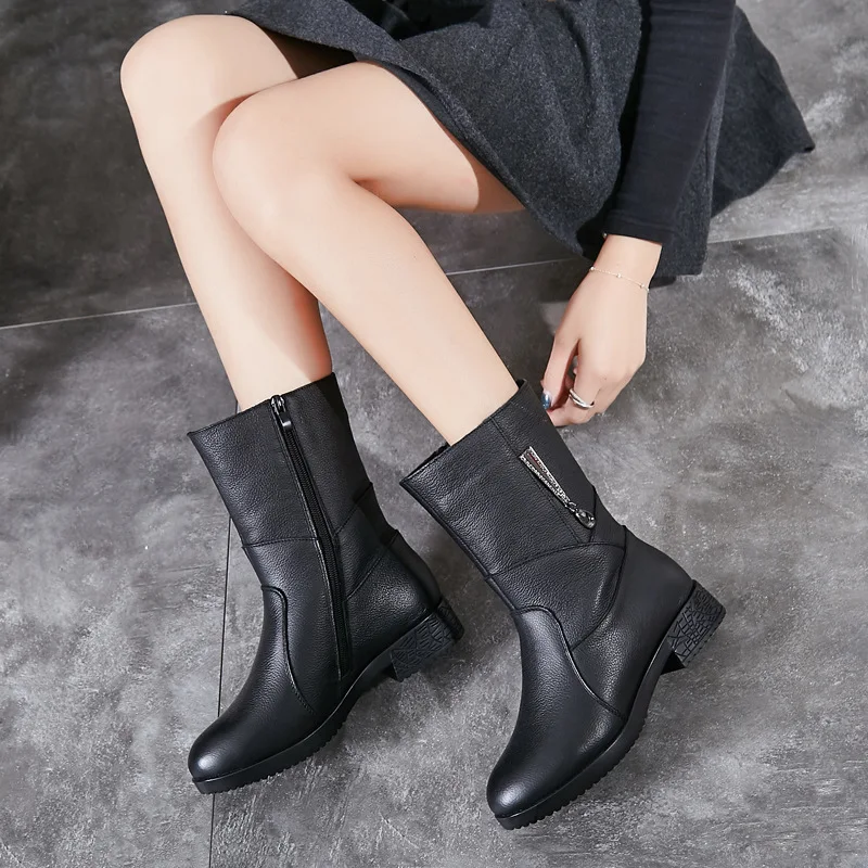 

BEYARNE New Arrival Women Ladies Female Mother Genuine Leather Shoes Mid-Calf Boots Warm Plush Fur Winter Zip 35-42