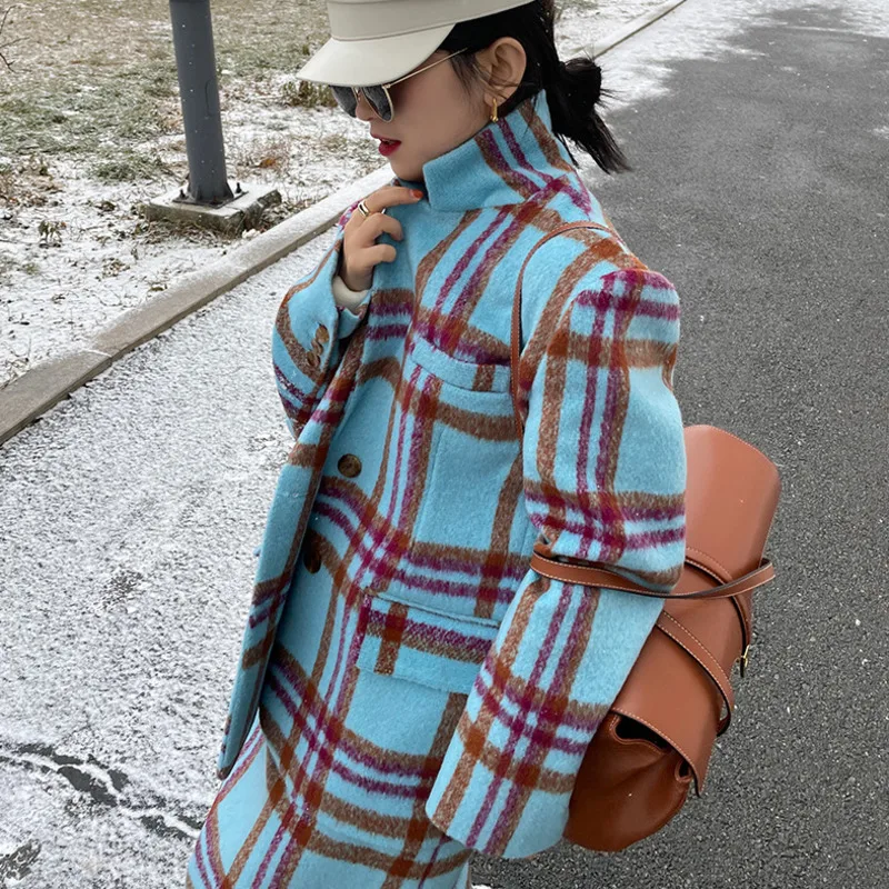Long-sleeved Minimalist Woolen Top Overcoat+Mid-calf Skirt 2020 Winter Female Fashion Casual Blue Plaid 2 Piece Set