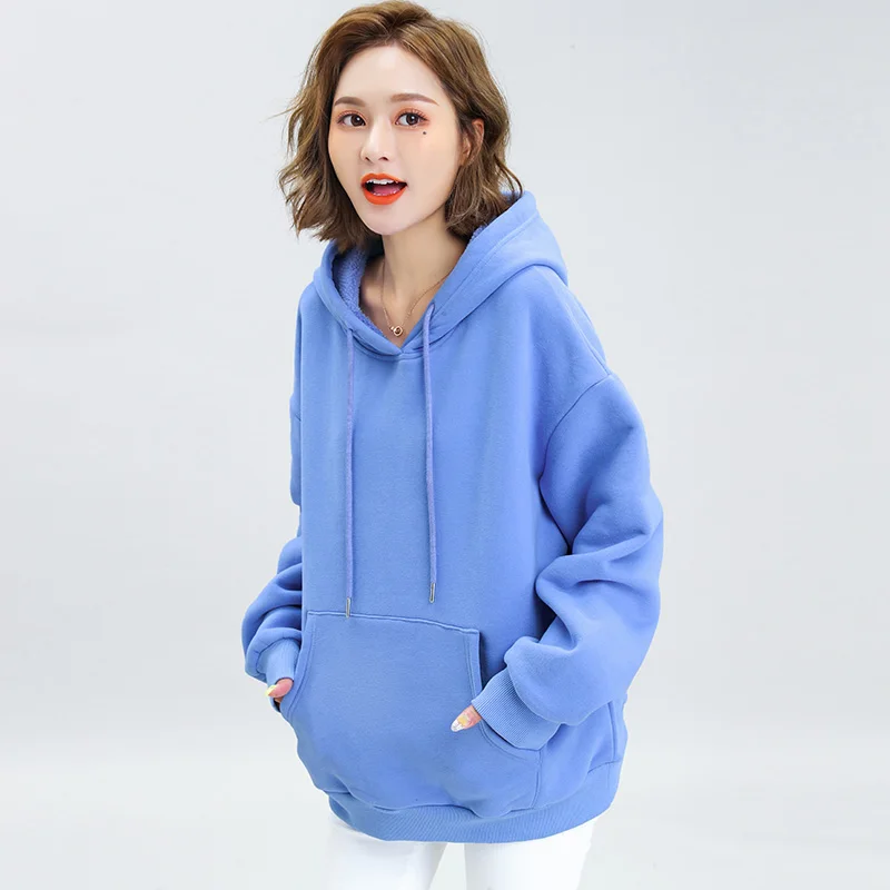 

Korean Fashion Women Students New Pile With Cap Fleece Sets Loose Top Coat Hoodies Sweatshirt Outfit Casual Hot Style Blue