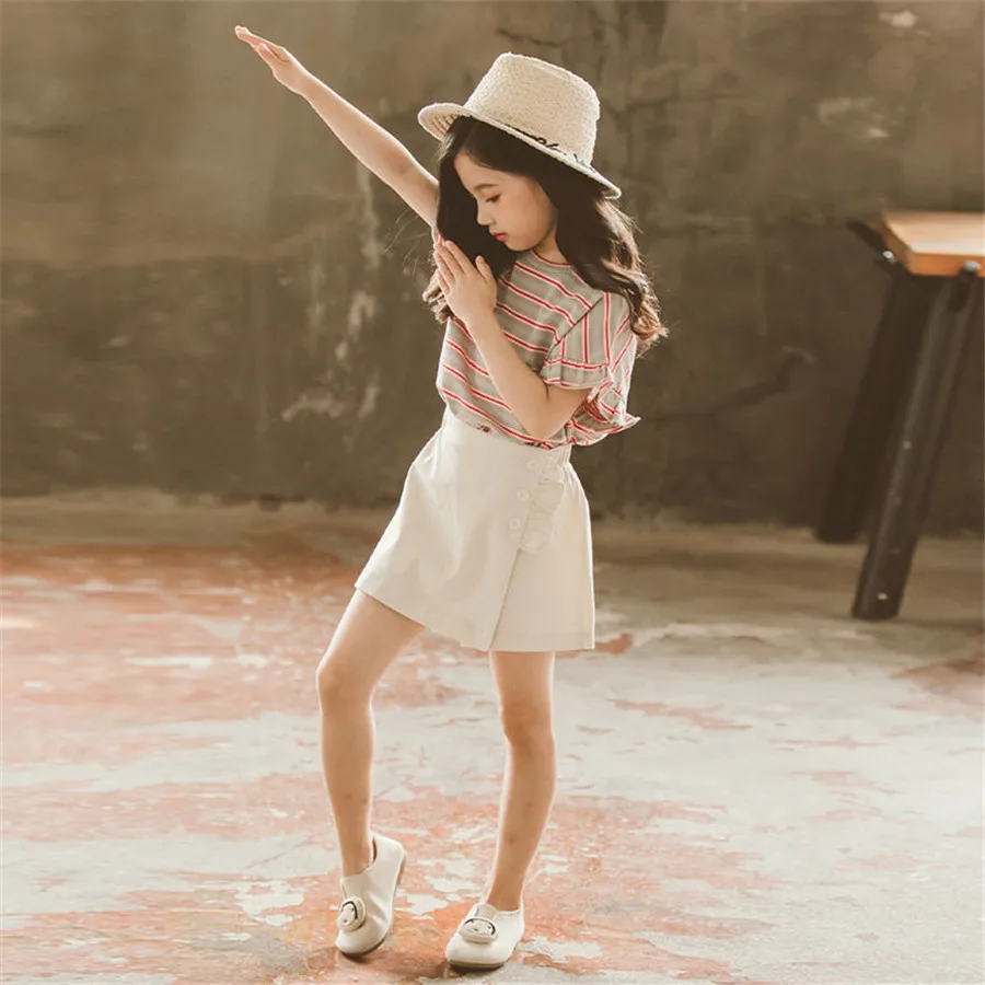 Комплект летней одежды для девочек топ с коротким рукавом и шорты повседневный