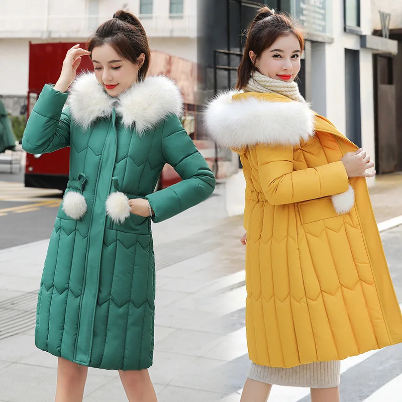 Thick Big Fur Women Long Down Parkas Slim Winter Jacket Women Hooded Coat New Cotton Padded Jackets Female