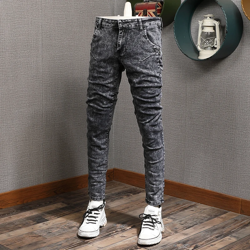 Newly Korean Fashion Men Jeans Elastic Cotton Scratch Slim Ripped Jeans Men Retro Gray Casual Designer Denim Punk Pencil Pants