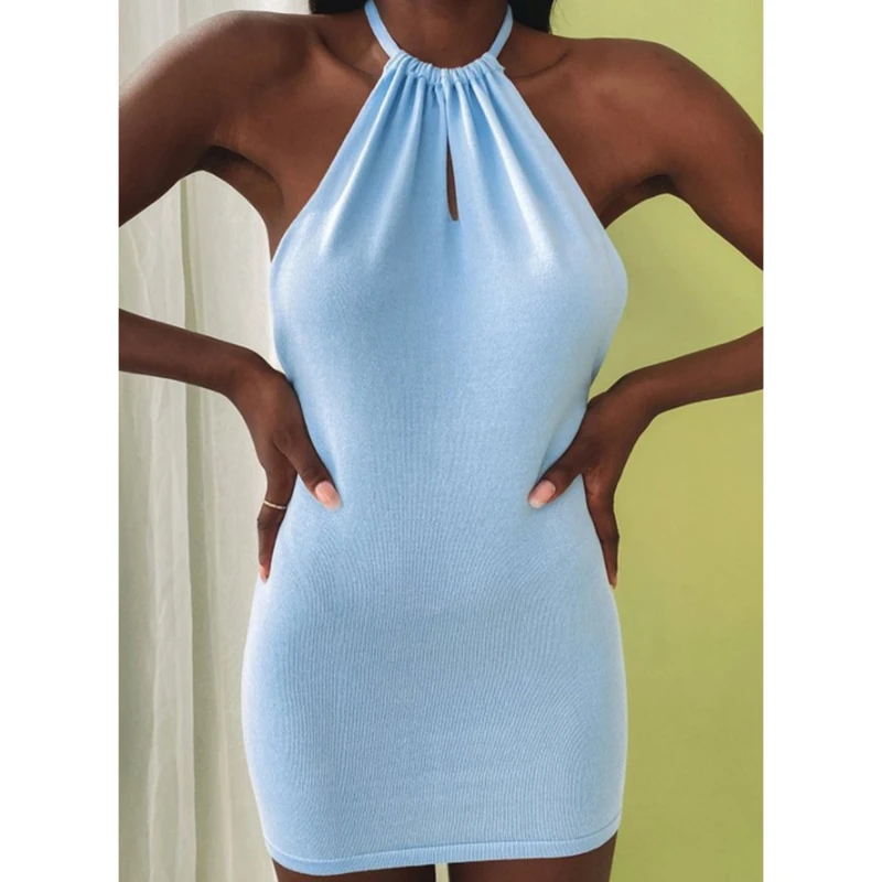 

Halter Sexy Backless Mini Dresses Bodycon Skinny Club Party Sleeveless Knitted Dress Fall Streetwear Beach Holiday