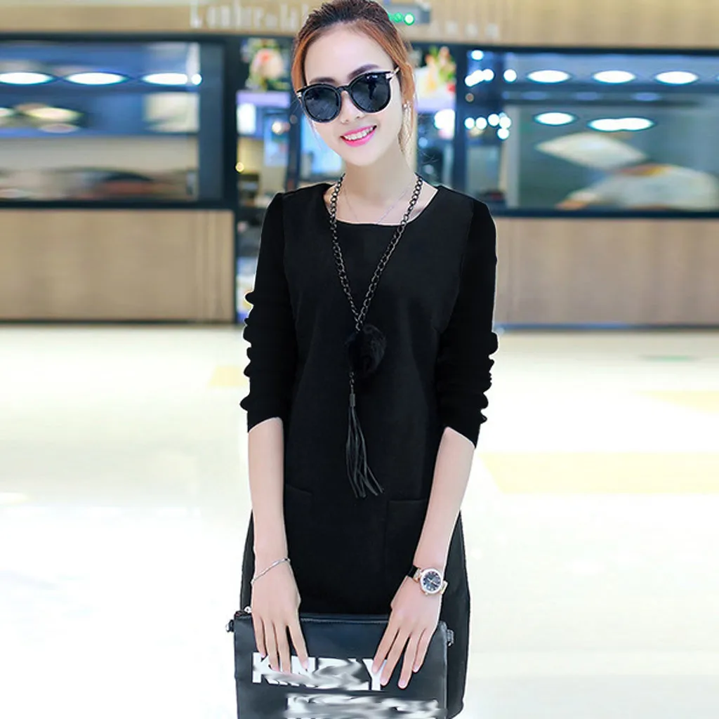 Зимнее платье женское черное Свободное с длинным рукавом карманами и О образным