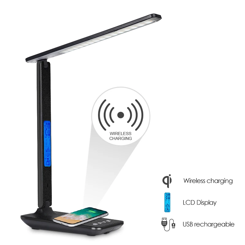 Hot LED Table Desk Lamp 5W QI Wireless Charging with Calendar Temperature Alarm Clock Eye Protect Read Light | Освещение