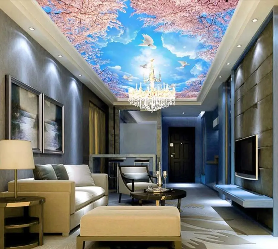

custom 3D ceiling photo wallpapers Blue sky, white clouds, cherry tree wallpaper for walls ceiling photo wallpaper