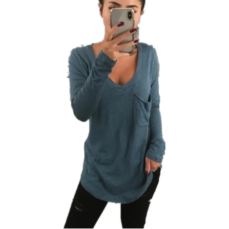 

2020 Autumn Popular Women's Sexy V-neck Tops Fashion Women Loose Pocket Long-Sleeved T-shirt Ladies vintage streetwear 3XL