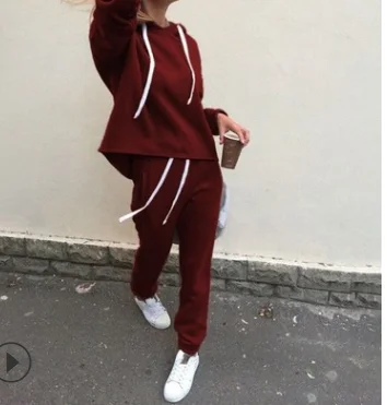 

Hot sale 2021 autumn and winter new solid color women's hoodie irregular suit two-piece women's sports suit