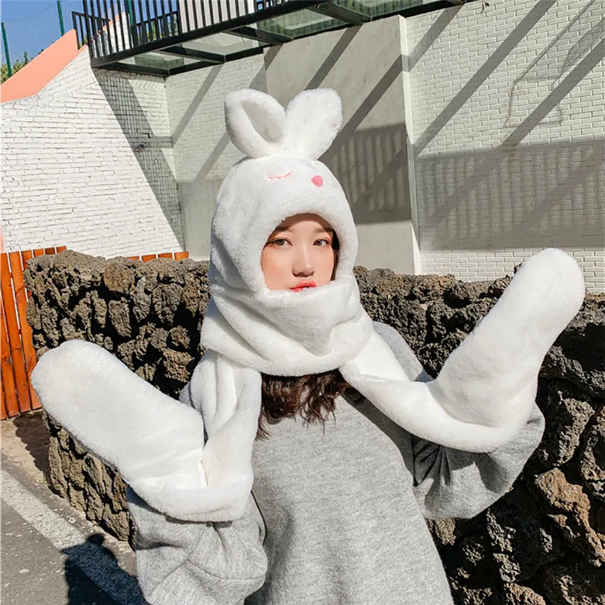 Популярная шапка с заячьими ушами 3 в 1 перчатками шарф магнитом плюшевая