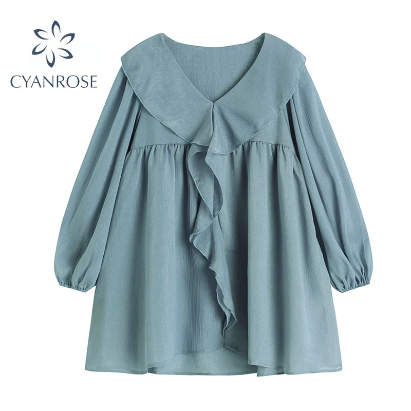

New 2021 Autumn Puff Sleeve Shirt V-Neck Loose Casual Blouse Chiffon Women Ruffle Edge Waist Elegant Blouses Fold Tops Female