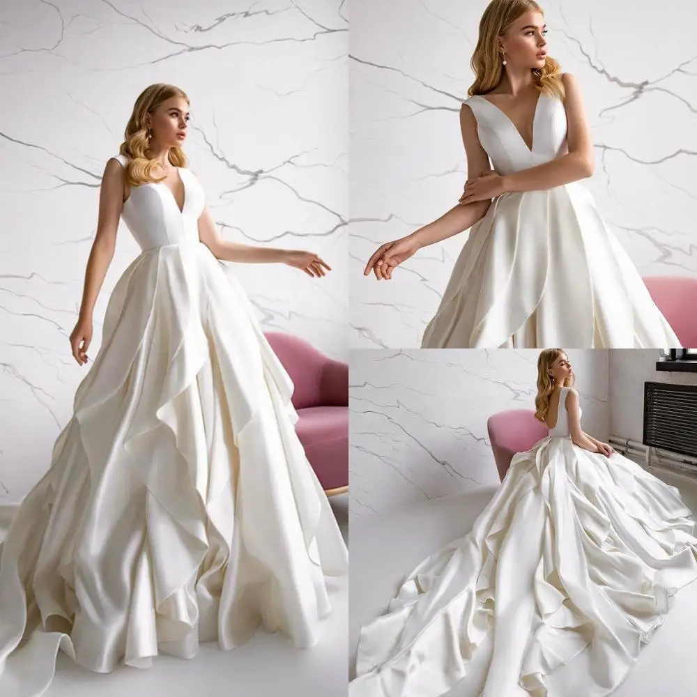 

Sexy Eva Lendel A Line Wedding Dresses Deep V Neck Ruffles Pleats Satin Bridal Gowns Backless Sweep Train Wedding Dress