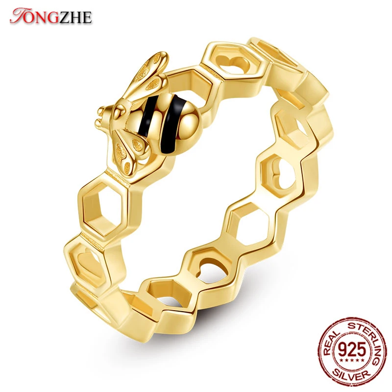 TONGZHE Honeybee Heart 925 пробы серебряные кольца Love многоцветные розовые золотые пчелы в