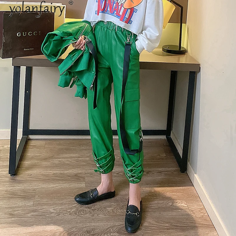 

2021 Genuine Sheepskin Leather Pants Women Clothes Spring Autumn Female High Waist Harem Pant Women's Trousers Ropa De Mujer