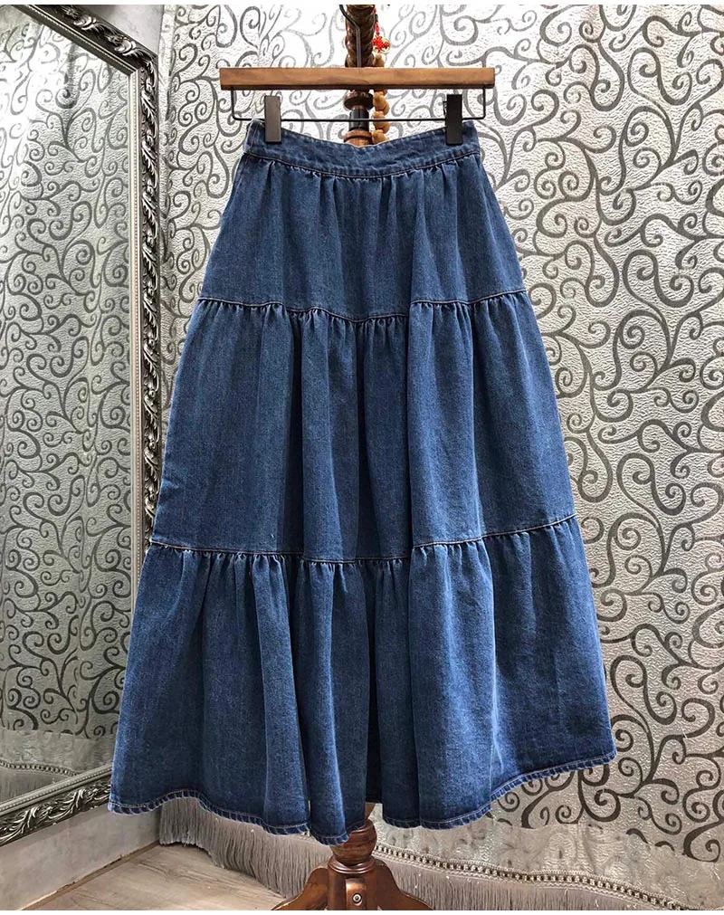 

High Quality Denim Skirts 2021 Spring Summer Skirt Women Pleated Deco Mid-Calf Length Big Swing Casual Blue Jeans Skirt Basic