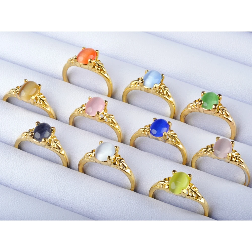 

10Pcs Mixed Color Women Faux Gems Stone Crystal Gold Plated Rings Wedding Party Jewelry Gifts