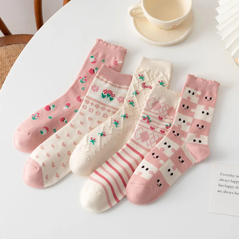 

japanese style cute smiley pink frilly socks kawaii calcetines mujer women chaussette femme harajuku fashion long cotton sock