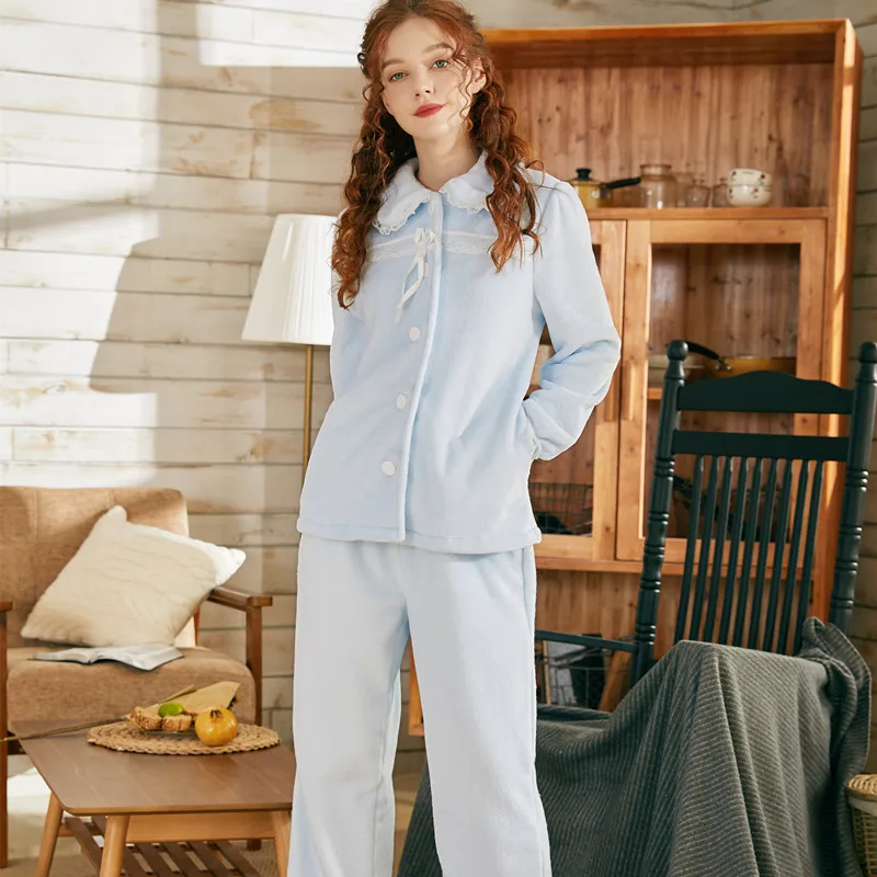

Thick Pajamas Sets Women Winter Fashion Lace Patchwork NightWear Home woman long Sleeve Flannel warm pyjama Sleepwear Set Female
