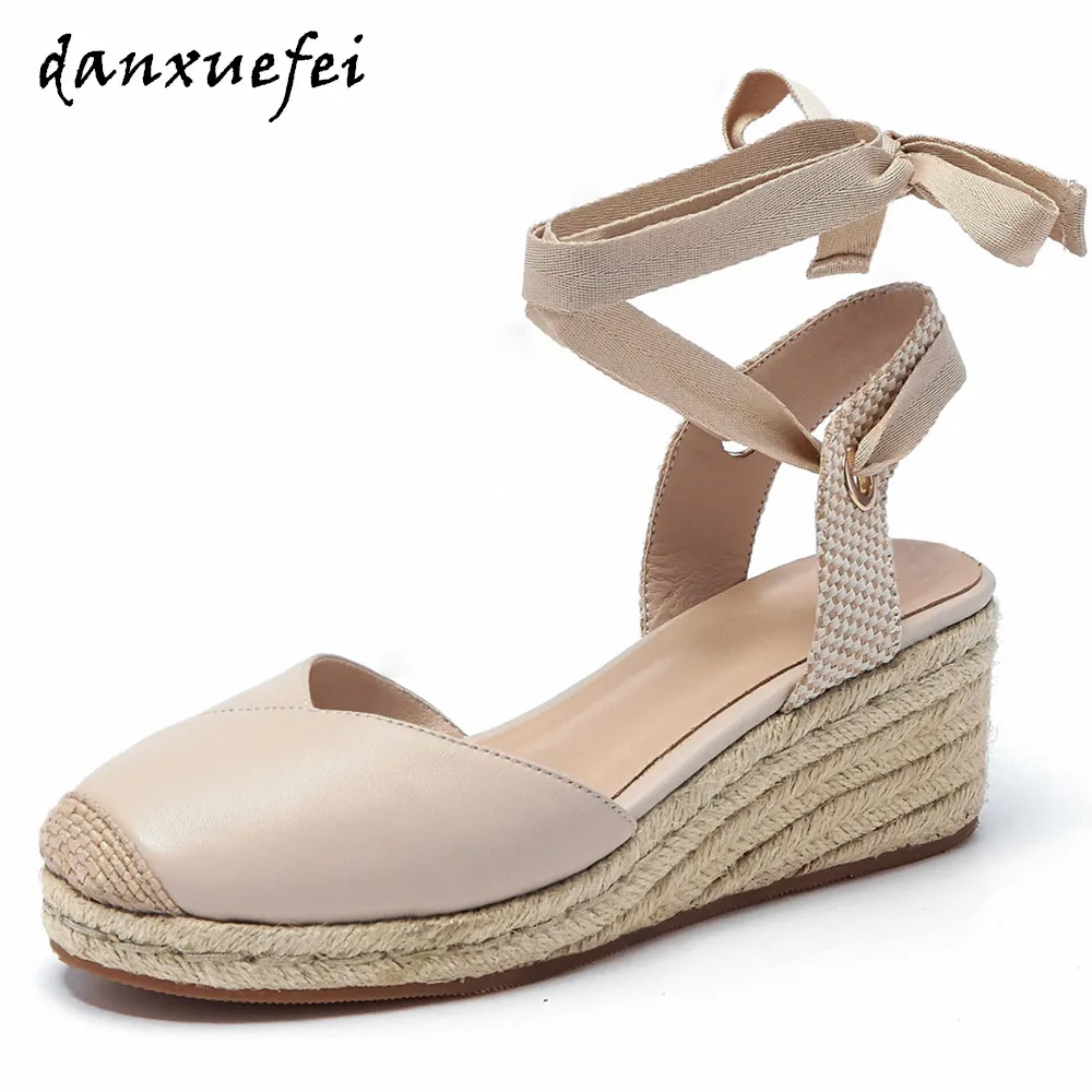 

Women's genuine leather wedge ankle strap sandals tound toe hemp casual summer med heel comfortable casual pumps shoes for women