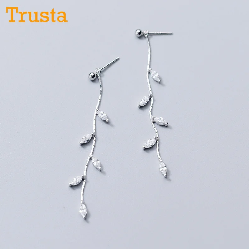 Trusta 925 однотонные Настоящее серебро серьги серебристого цвета; бижутерия длинные 5,9 см листья CZ серьги-гвоздики для подростков Рождественский подарок для девочек DS960