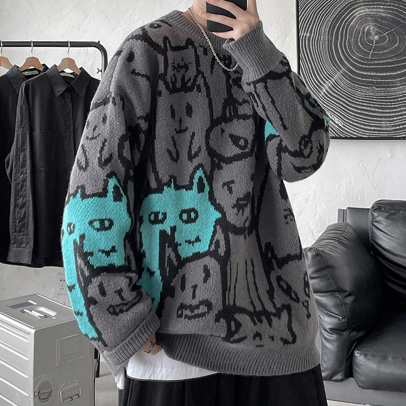 

2021 New Men's Cartoon Sweaters Color Matching Jacquard Pullovers Men Fashion Round Collar Knitted Sweater Couple Pullover 5XL