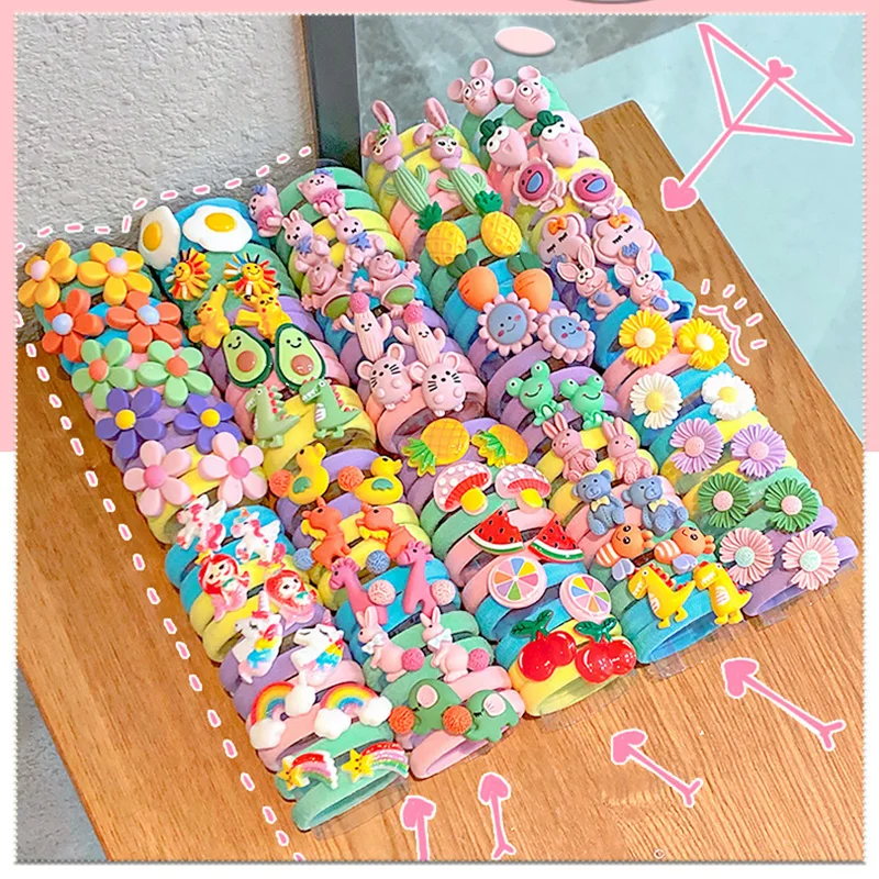 

10PCS/Set Rainbow Cartoon Character Fruits Flower Nylon Elastic Hair Bands Women Girls Sweet Rubber Hair Tie Scrunchie Headwear