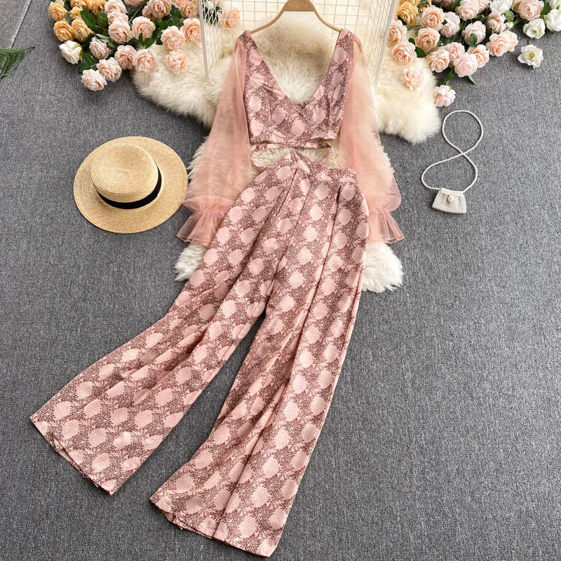

Women Summer New Fashion Sexy V Neck Perspective Mesh Long-sleeved Short Tops + High Waist Wide-legged Pants Two-piece Sets S546