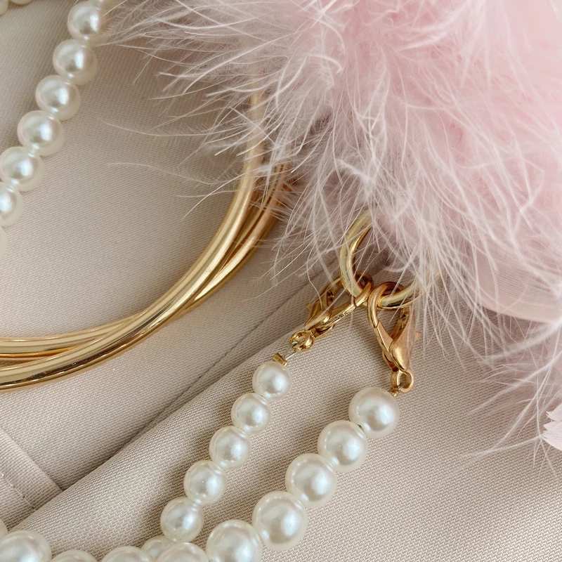 

Ginhae Ostrich Feather Women Circular Bag Luxury Handbag Evening Party Clutch Bags Small Pearl Chain Shoulder Crossbody Bags