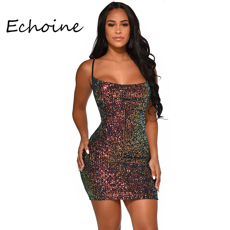 Sexy Spaghetti Straps Sequin Dress Party Slinky Bodycon Mini Dresses Woman Night Backless Plus Size 2XL | Женская одежда