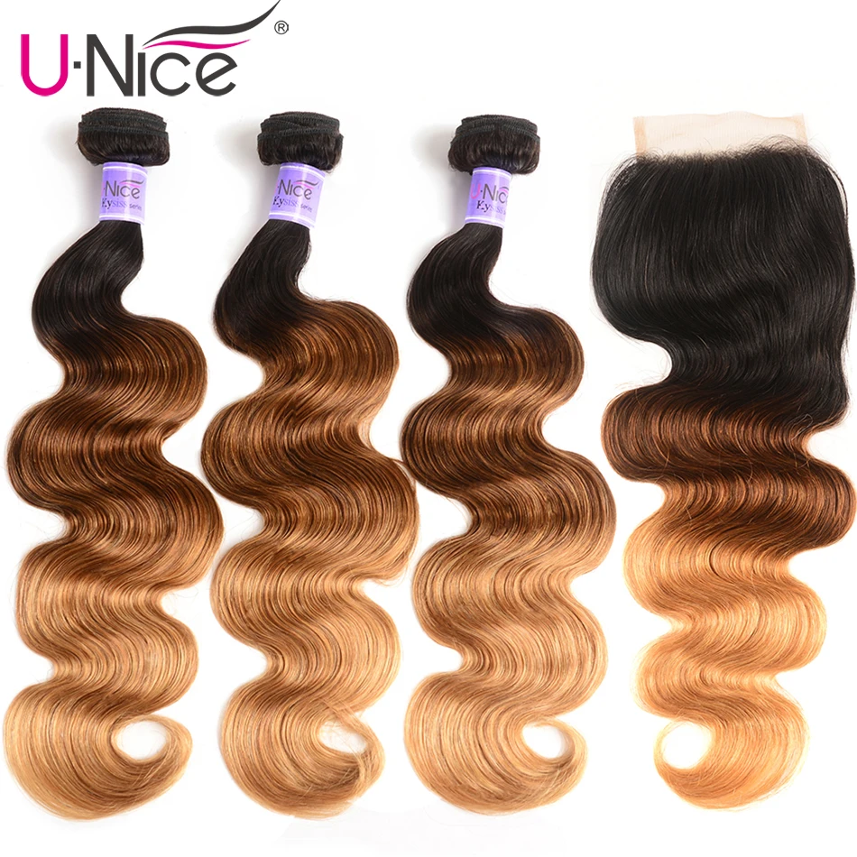 Малайзийские волосы UNice Kysiss 3 пряди с закрытием T1B/4/27 Ombre 16 26 дюймов|3/4 пучка на