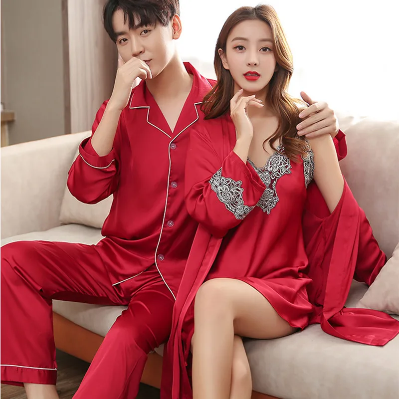 

Men Pyjamas Suit Autumn Couple Pajamas Set Long Sleeve Pijama Male Plus Size Sleep Clothing Silk Nightie Sleepwear Lovers Groom