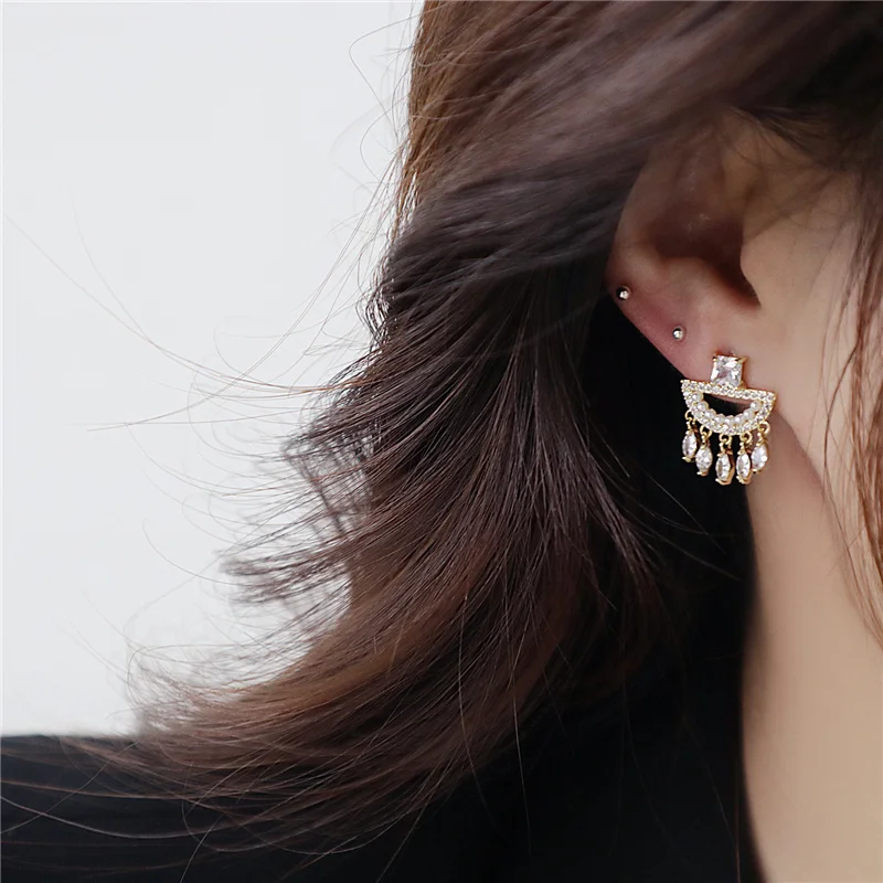 

European and American Fashion Geometric Tassel Bling Zircon Earrings for Women 14K Gold Bridal Pendant Earrings Wedding Jewelry